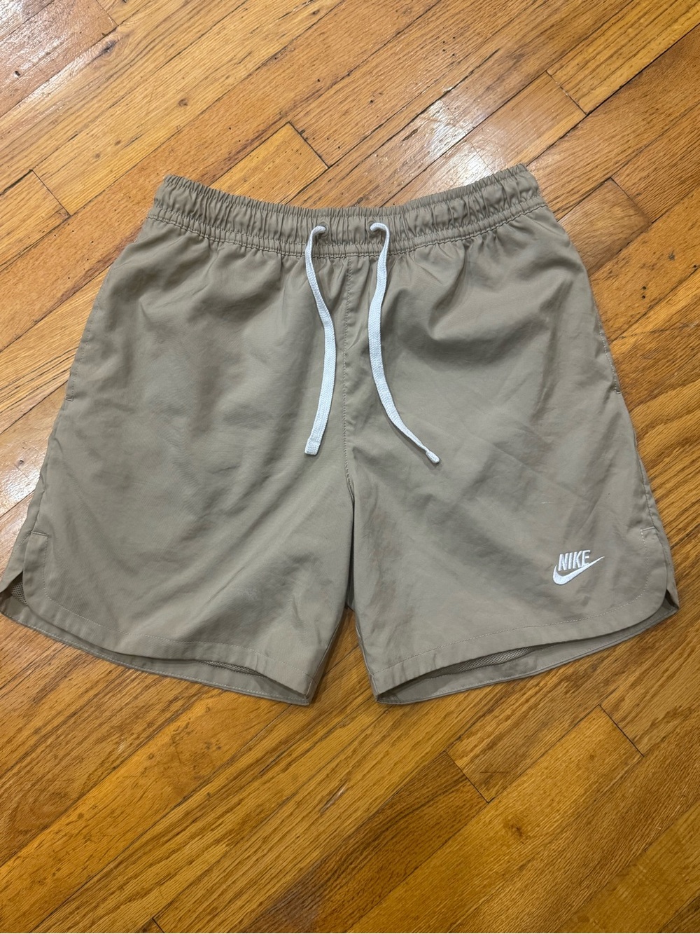 Nike Men’s Khaki Color Athletic Drawstring Shorts with White Logo